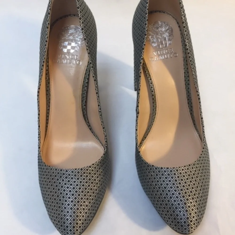Vince Camuto Perforated Metallic Gray Block Heel Pumps